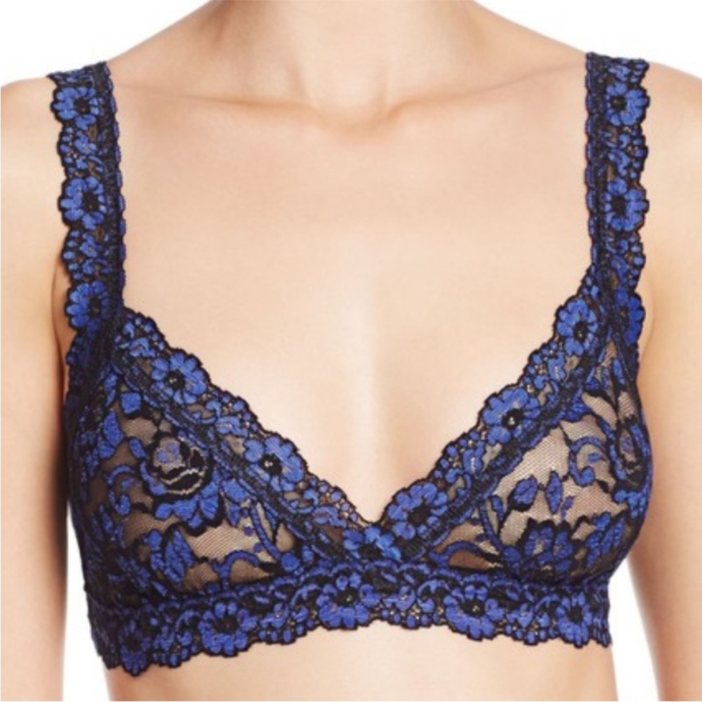 NWOT Hanky Panky Lace Bra, Cross Dyed Floral Blue & Black Lingerie Triangle Soft
